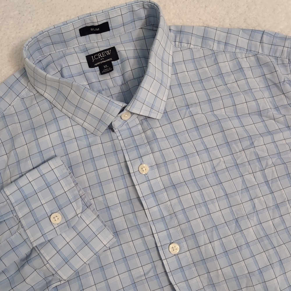 J Crew Shirt Mens XL Performance Blue Gingham Check Plaid Slim Fit Button Up